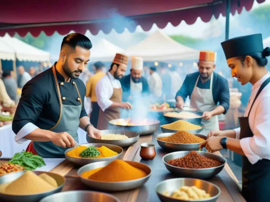 Un festival gastronómico vibrante con raíces culturales: chefs, comensales y platos coloridos en una escena detallada en 8k