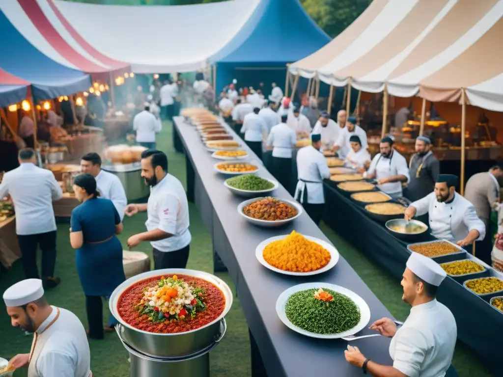 Festival gourmet con chefs de todo el mundo preparando delicias bajo coloridas carpas, música en vivo y 'Gourmet para todos'