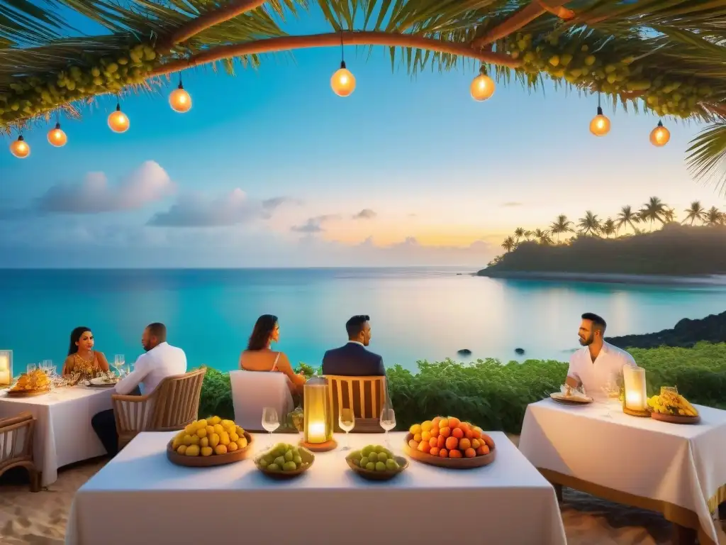 Un festival gourmet de ensueño en una playa tropical al atardecer