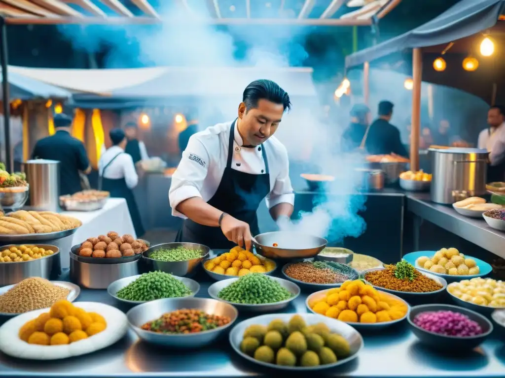 Un festival gourmet lleno de experiencias multisensoriales: vibrantes puestos de comida, chefs apasionados y visitantes inmersos en la diversión