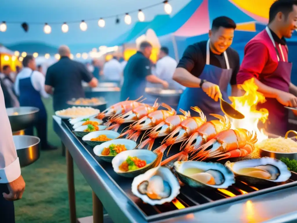 Un festival de mariscos gourmet en la costa, con chefs preparando platos exquisitos y visitantes disfrutando, en un ambiente vibrante y acogedor