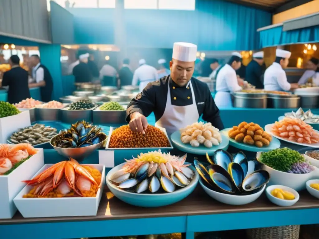 Un festival de mariscos gourmet del mundo, con una vibrante escena de mercado y delicias marinas coloridas