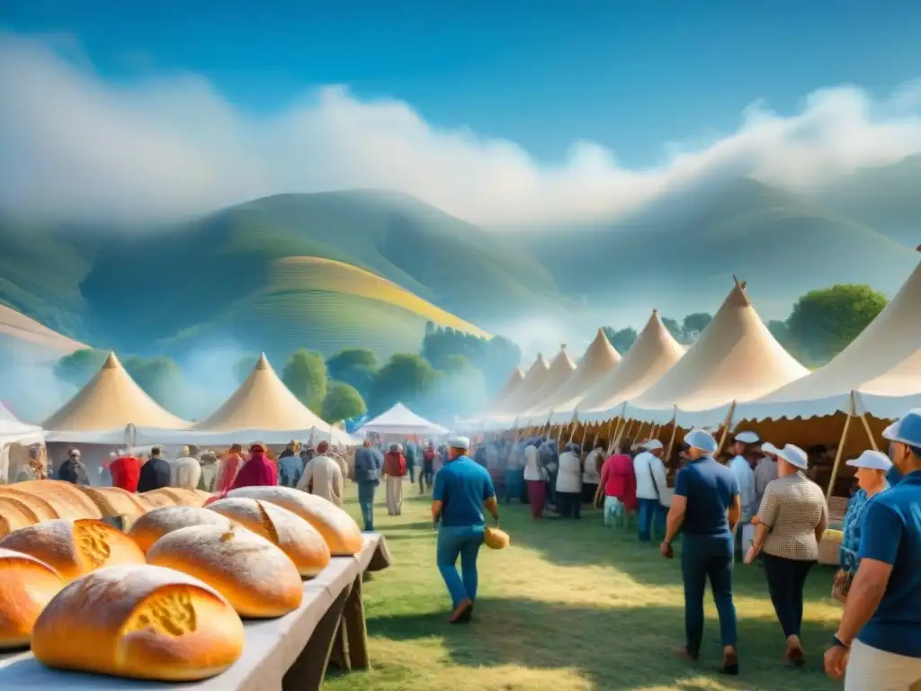 Un festival de panadería artesanal delicioso: coloridas carpas, pan recién horneado, panaderos apasionados y colinas bajo un cielo azul