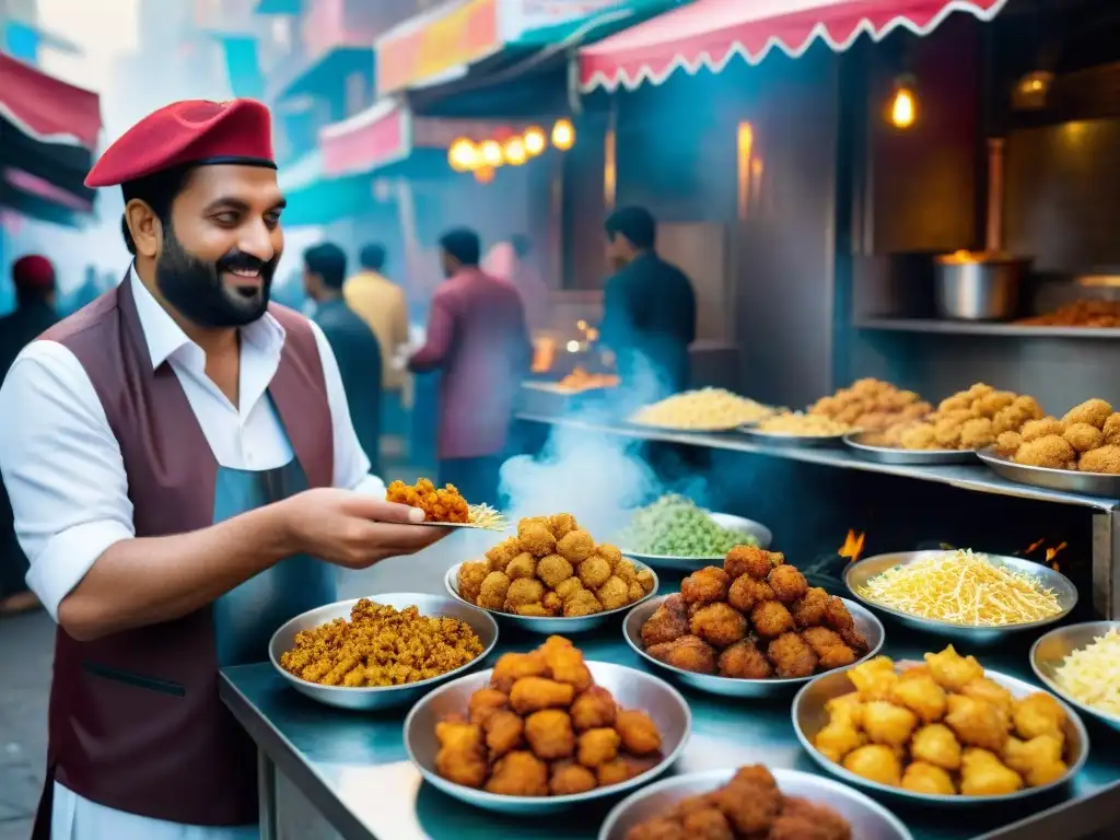 Festival de sabores callejeros en Pakistán: Pakoras crujientes y coloridos en medio de bulliciosa calle