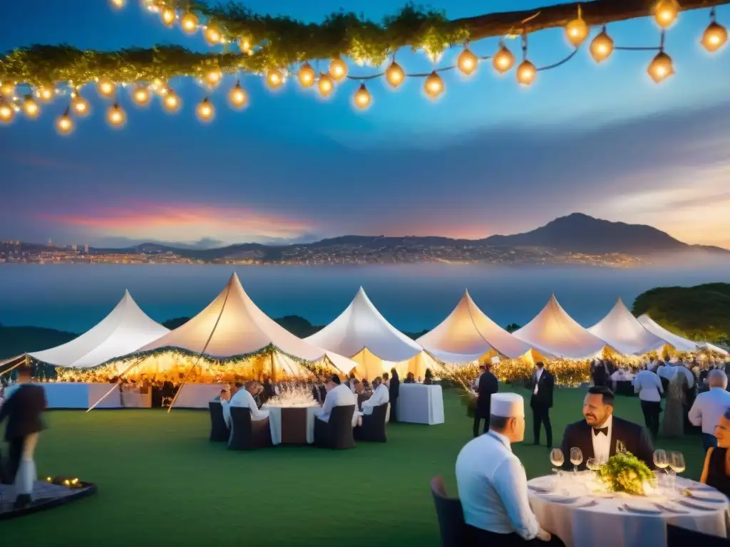 Festival culinario de chefs internacionales: exquisitez y glamour Festivales de alta cocina con chefs estrellas cocinando platos elaborados bajo tiendas glamorosas con luces de hadas