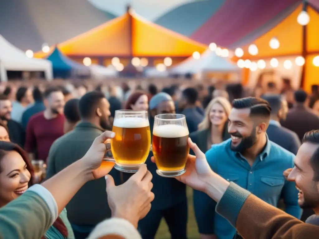 Festivales de Cerveza Tradición Innovación: Escena vibrante con gente diversa disfrutando de cervezas artesanales en un festival animado