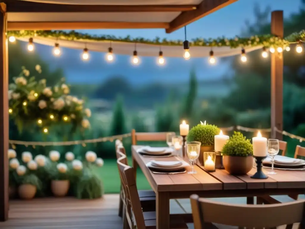 Festivales de comida al aire libre románticos en jardín iluminado por luces de hadas