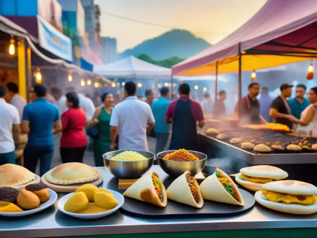 'Festivales comida callejera América Latina: Escena vibrante de un festival callejero con puestos coloridos y multitud diversa disfrutando