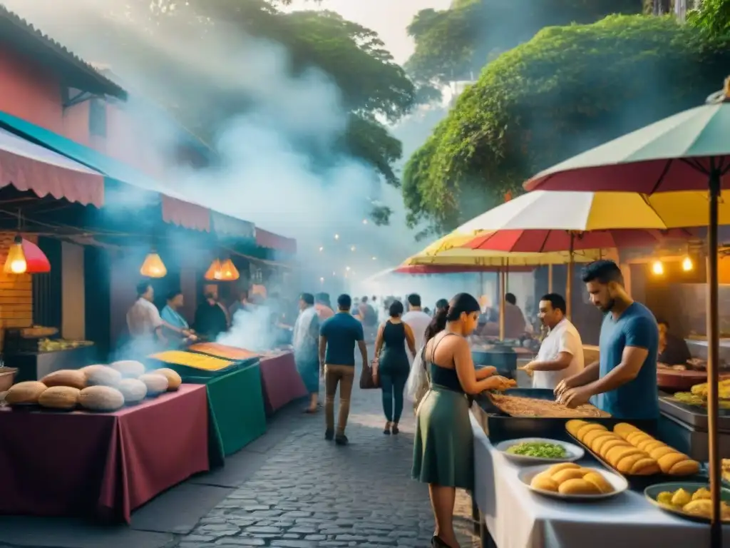 Festivales de comida callejera en América Latina: Atmosfera vibrante con puestos de comida y colores tradicionales