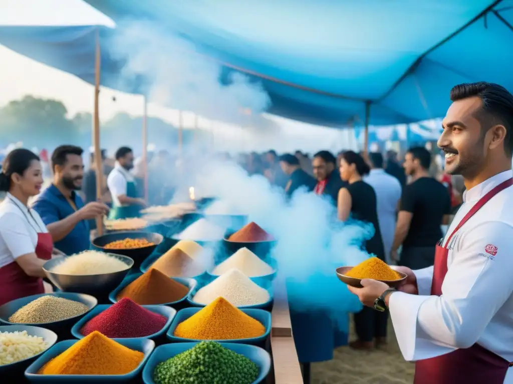 Festivales de comida gourmet de todo el mundo: escena vibrante y bulliciosa con una diversidad culinaria internacional en coloridos puestos