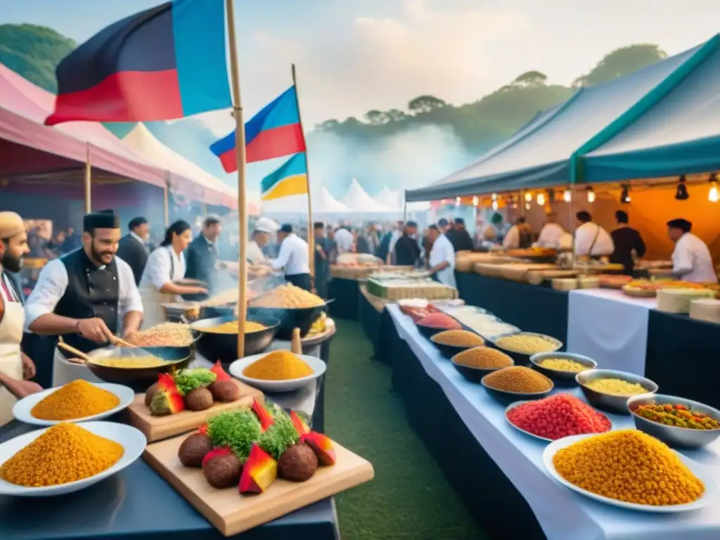 Festivales de comida gourmet de todo el mundo: escena detallada, vibrante y colorida de un festival culinario global