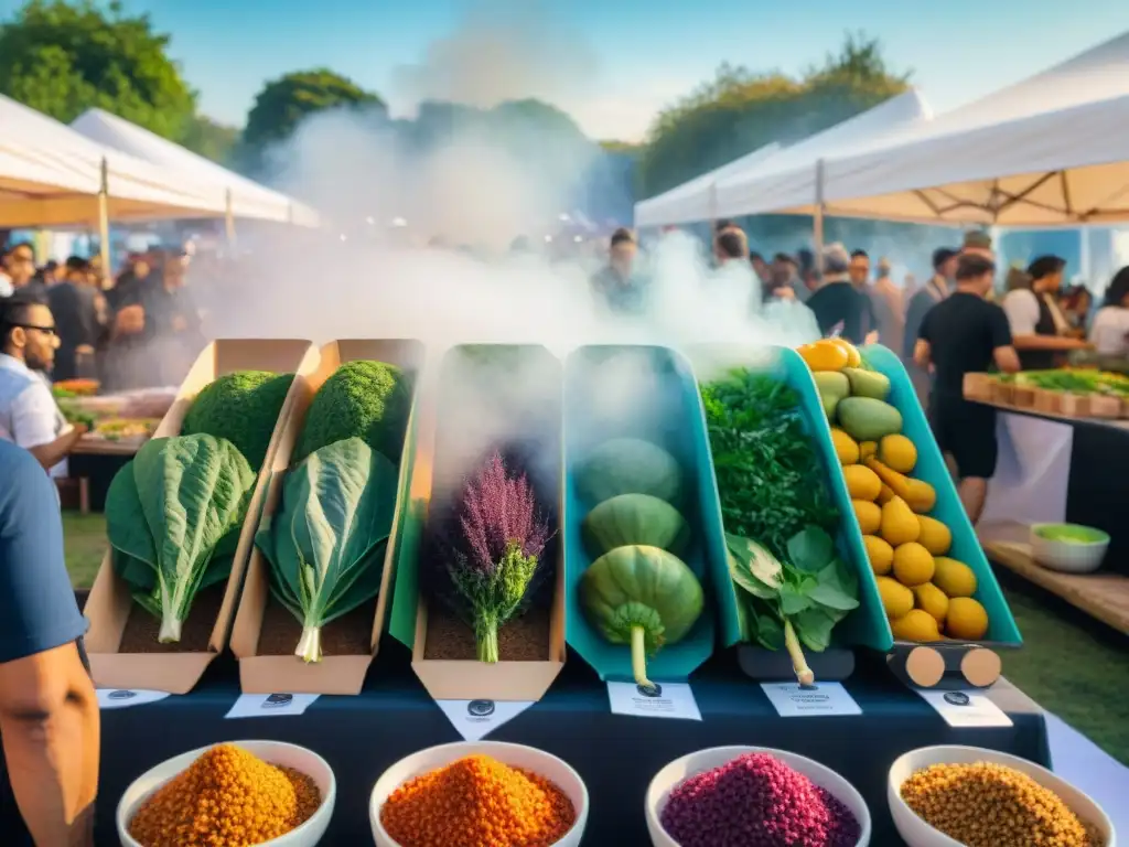 Festivales comida vegana gourmet: escena vibrante con platos coloridos y multitud diversa disfrutando de la gastronomía vegana