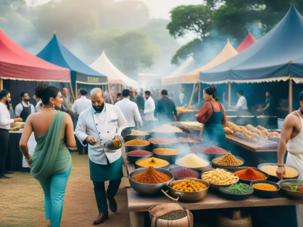 Festivales gourmet con raíces culturales: chefs de diversas culturas cocinan en una bulliciosa calle llena de colores y sabores