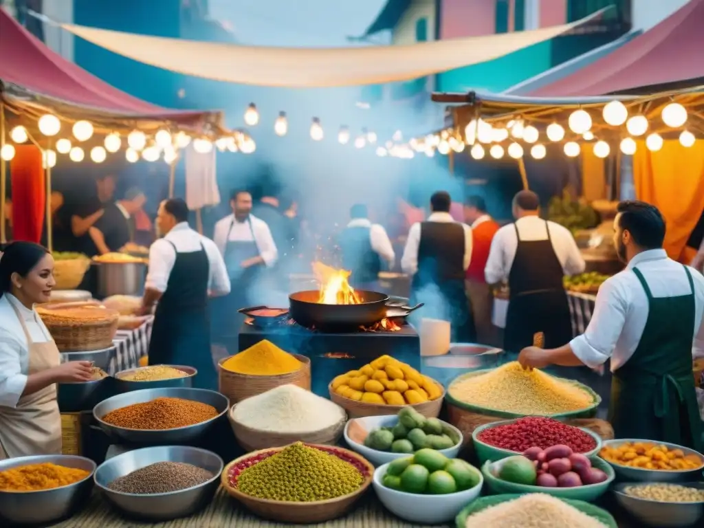 Festivales gourmet en vibrante mercado latinoamericano, con puestos coloridos y exóticos platos siendo cocinados a fuego abierto