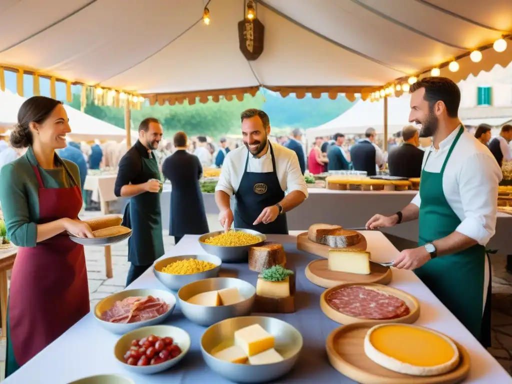 Encantador festival culinario en Piamonte, Italia Un festivo escenario italiano en Piamonte: mesas llenas de manjares locales, vinos y chefs preparando delicias