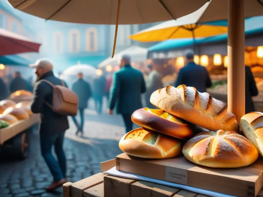 Un festivo festival de panadería artesanal con deliciosos panes frescos y coloridos puestos en una animada calle adoquinada