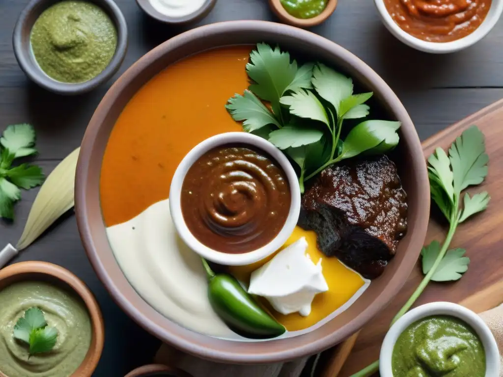 Una fiesta de sabores mexicanos gourmet historia: salsas vibrantes en cuencos de barro sobre mesa rústica