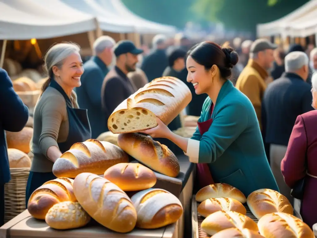 Una fiesta vibrante en un festival de panadería artesanal, con deliciosos panes y una atmósfera comunitaria y festiva