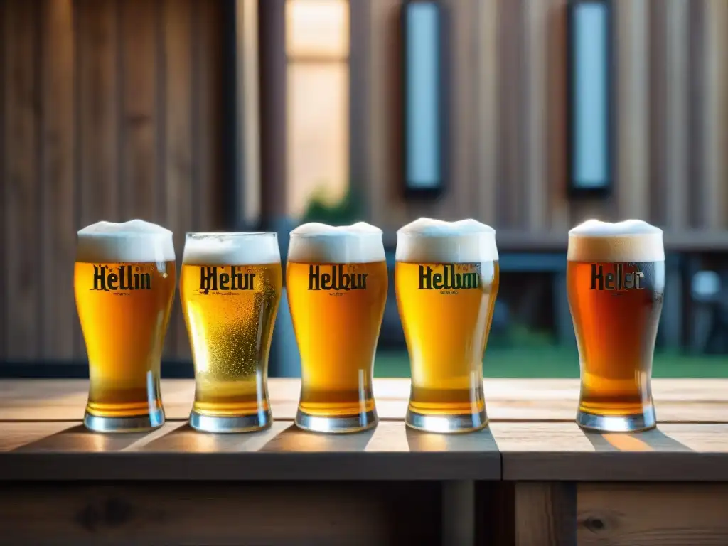 Una fila de cervezas Helles alemanas suaves gourmet en elegantes copas, adornadas con lúpulo y cebada fresca, sobre una mesa de madera rústica