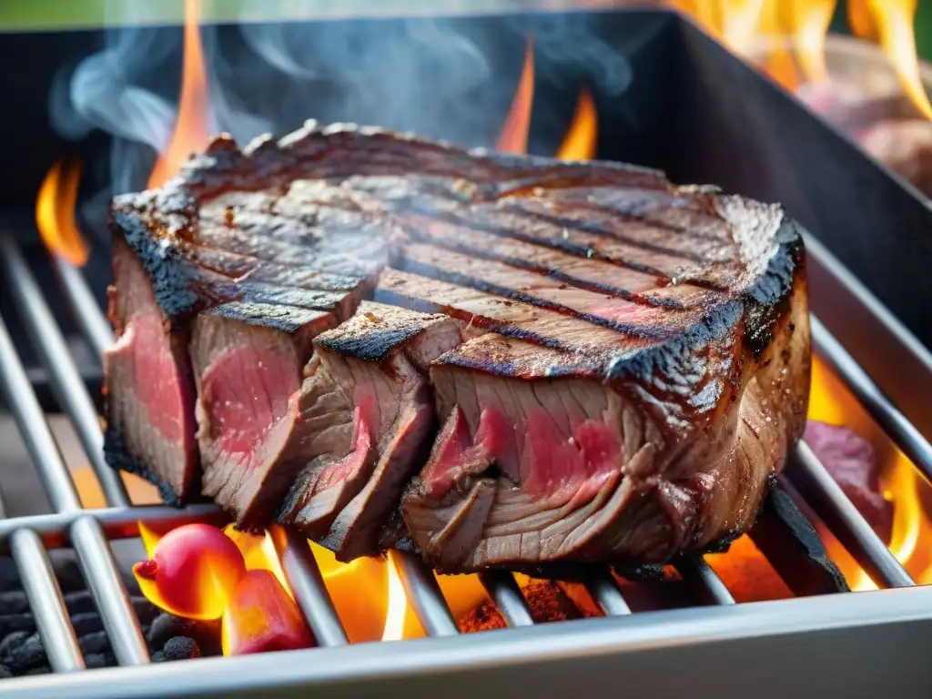 Un filete perfectamente cocinado en una parrilla humeante, con llamas y un atardecer de fondo