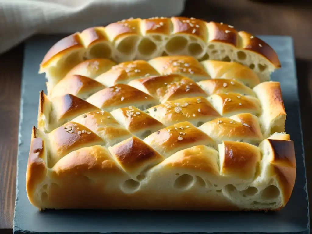 Una focaccia recién horneada con corteza crujiente y miga aireada, perfectamente dorada y salpicada de escamas de sal