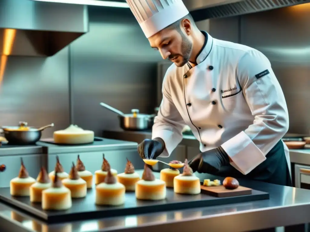 Preparación foie gras gourmet: Un chef meticuloso crea un exquisito plato en una cocina elegante y sofisticada