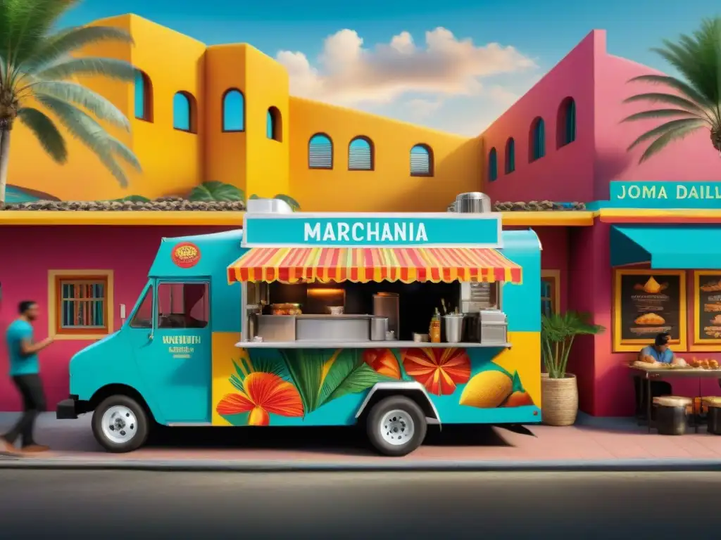 Food truck gourmet en América Latina: escena vibrante con murales coloridos y clientes disfrutando de delicias latinas en festival callejero