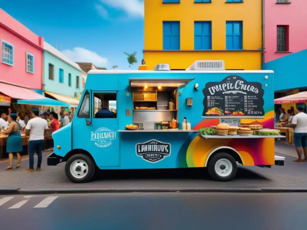 Food trucks gourmet en América Latina: escena callejera vibrante con camiones coloridos y clientes disfrutando de la comida bajo un cielo azul