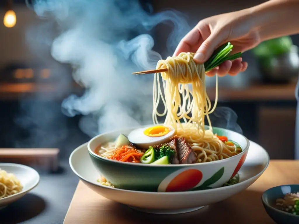 Un fotógrafo gastronómico en acción capturando un bowl de ramen vibrante y fragante