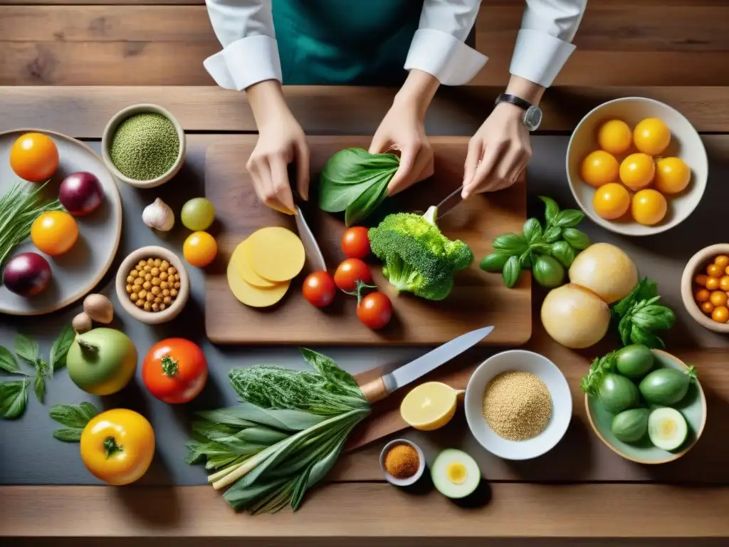 Un fotógrafo gastronómico experto crea una composición artística con ingredientes frescos en una mesa rústica