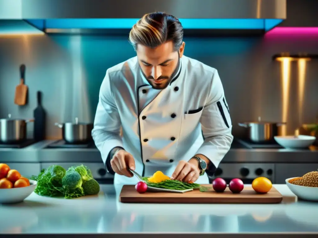 Un fotógrafo gastronómico crea una historia visual con coloridas y artísticas creaciones culinarias en una cocina moderna