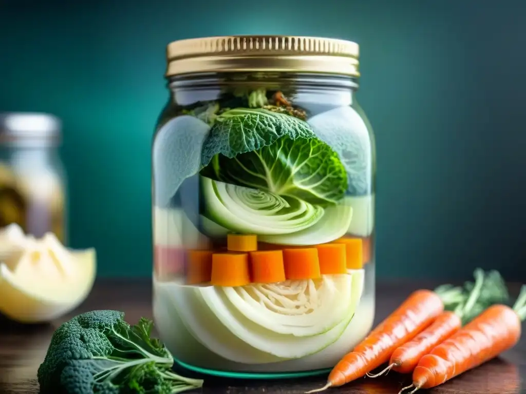 Un frasco con capas coloridas de repollo, zanahoria y especias fermentando, mostrando el proceso de fermentación casera del mejor chucrut