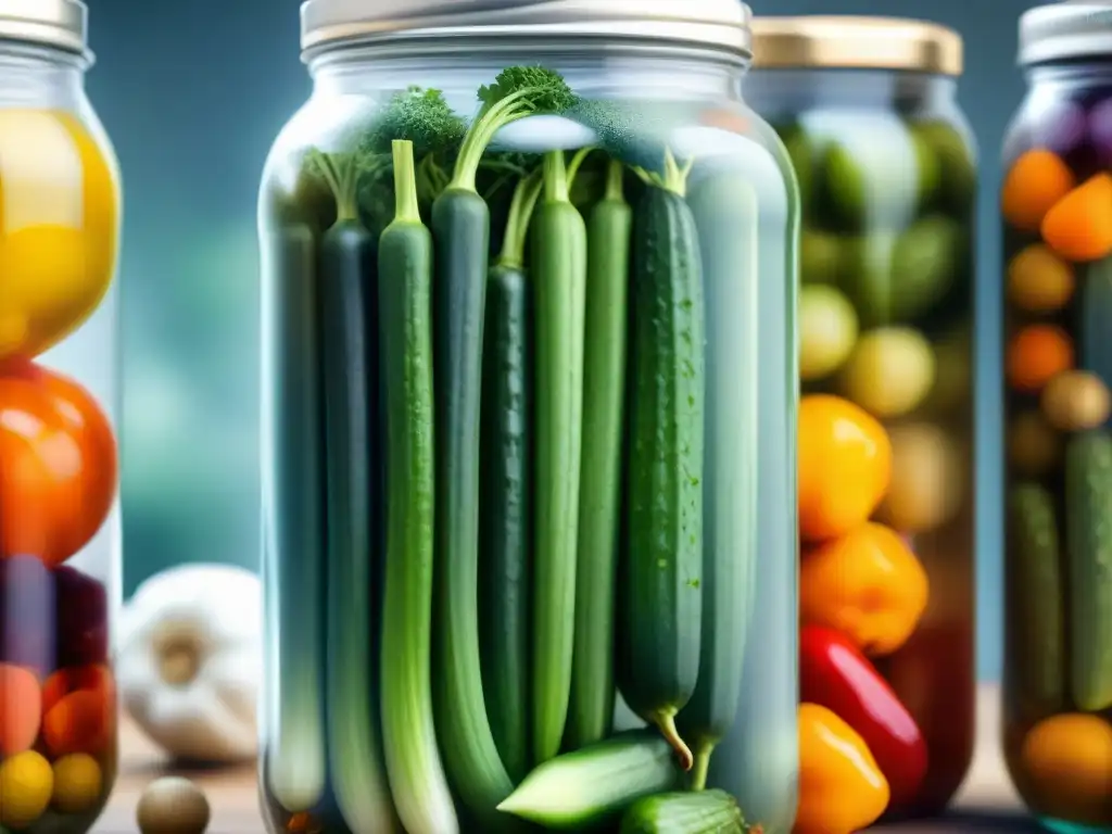 Un frasco de encurtidos gourmet en proceso de fermentación, con coloridos vegetales sumergidos en salmuera