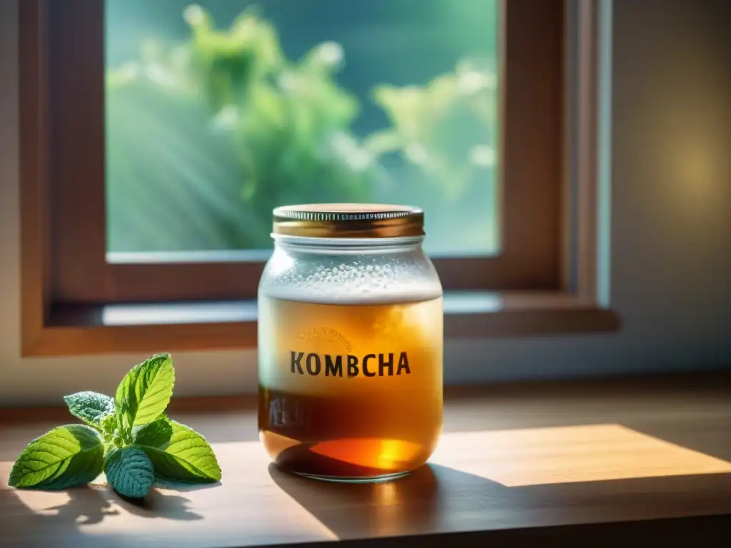 Un frasco de vidrio con kombucha casera fermentando rodeado de ingredientes frescos en una encantadora escena iluminada por el sol