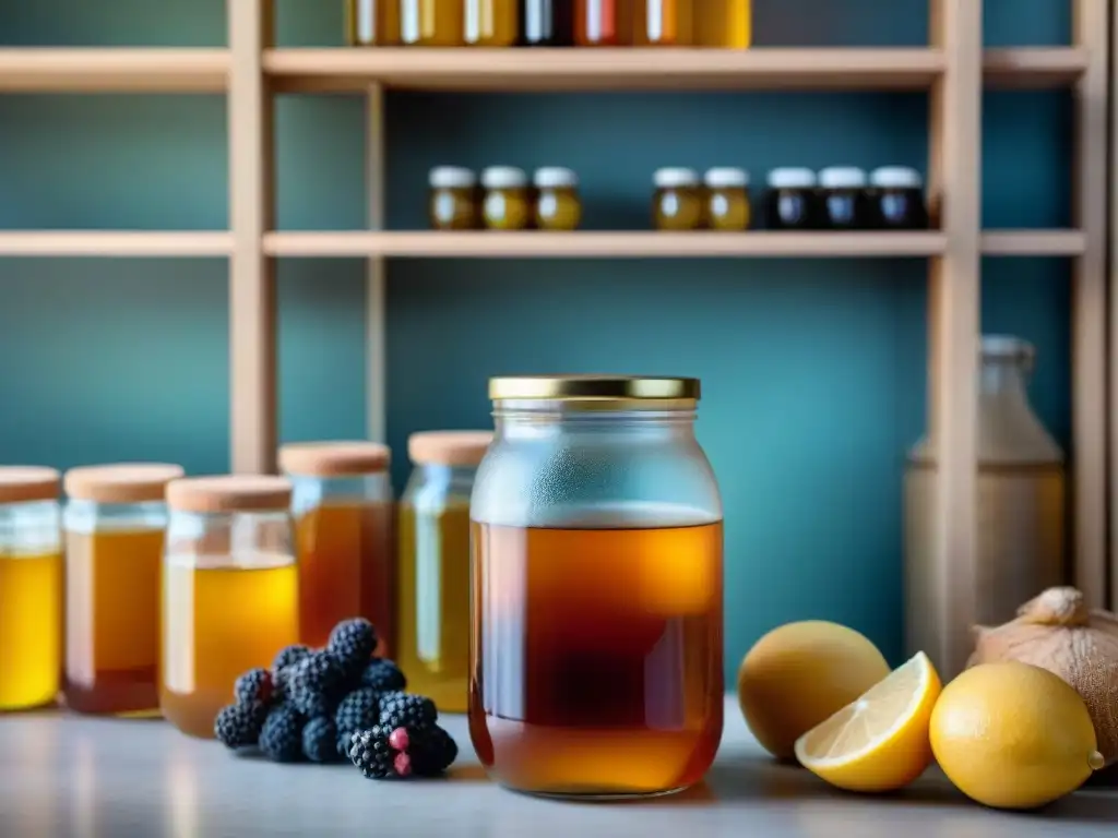 Un frasco de vidrio rebosante de kombucha burbujeante, con capas de SCOBY flotando en el té fermentado