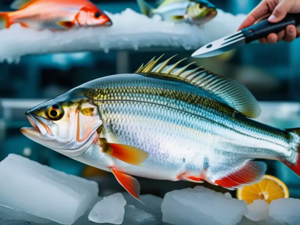 Frescura y calidad de pescados premium destacan en mercado local, con variedad de especies en hielo brillante