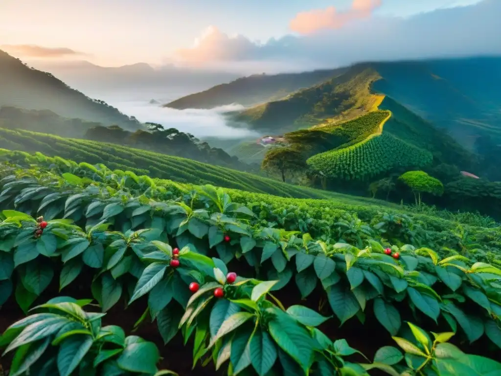 Plantación de café al amanecer con frutos rojos, montañas neblinosas y luz dorada