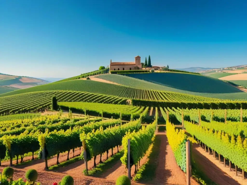 Fusión creativa en viñedos Rioja: una escena pintoresca con vides verdes, bodega de piedra y cielo azul