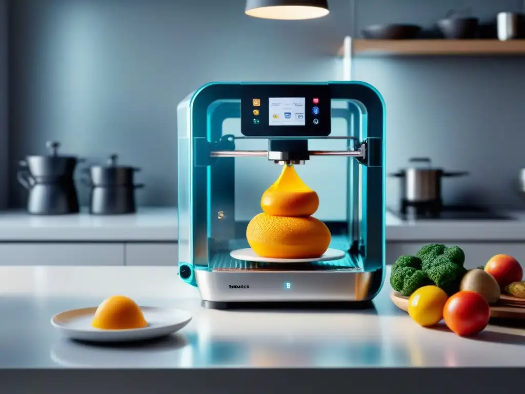 Un futurista desafío culinario: impresión 3D alimentos en acción, creando creaciones comestibles coloridas e intrincadas en una cocina vanguardista