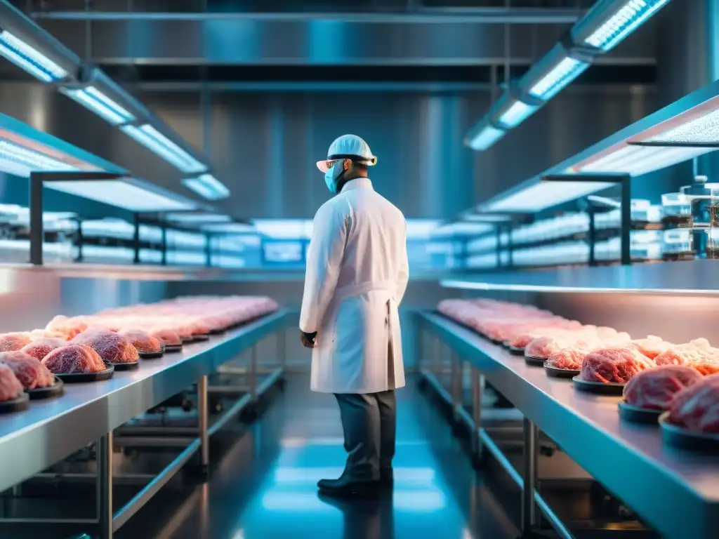 Futurista instalación de producción de carne cultivada en la industria alimentaria