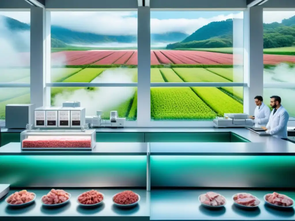 Futurista laboratorio con bioreactores avanzados y científicos monitoreando la producción de Carne del mañana sostenible