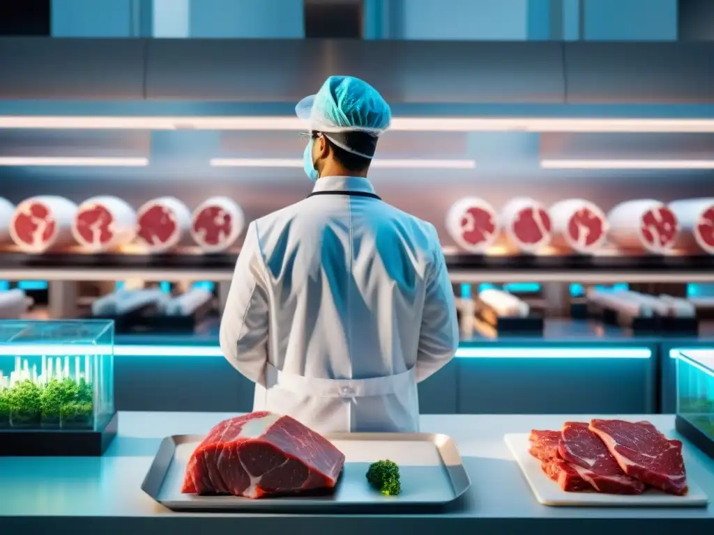 Futurista laboratorio de carne cultivada: científicos trabajando con tecnología avanzada en bioreactores y datos celulares