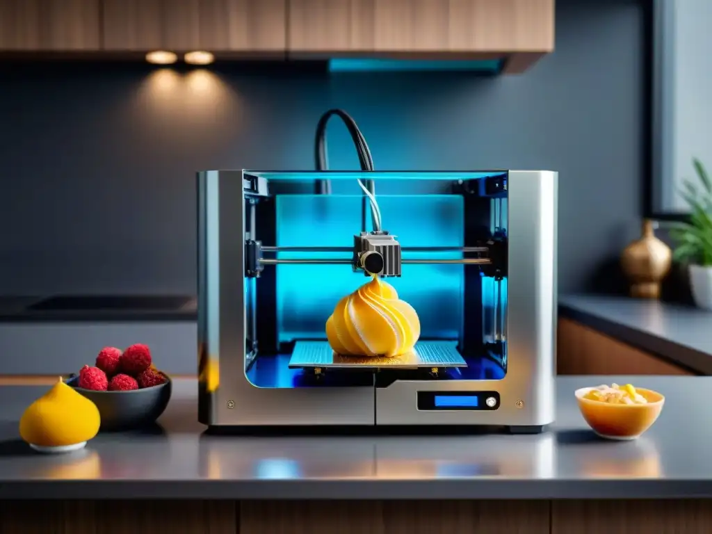 Un 3D printer futurista elaborando un postre gourmet en una cocina moderna y elegante