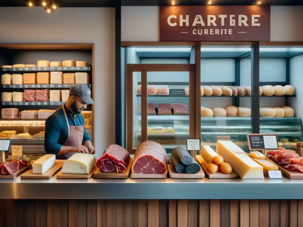 Futuro charcutería: Tecnología tradición en una tienda encantadora con embutidos y quesos artesanales junto a pantalla digital de gestión