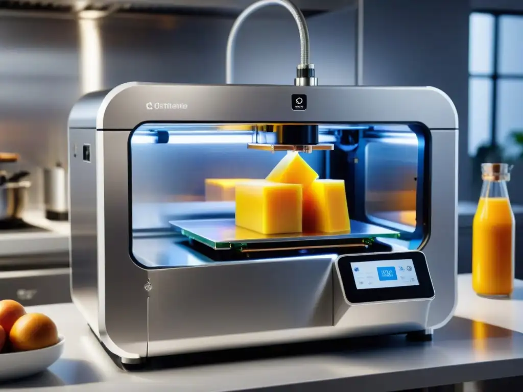 Un futuro gastronómico: impresora 3D creando una comida personalizada en una cocina tecnológica