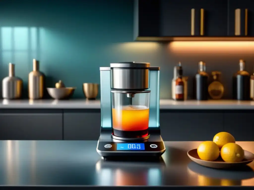 Un gadget de cocina innovador, la báscula Perfect Drink Pro Smart, preparando un cóctel sofisticado en una moderna encimera