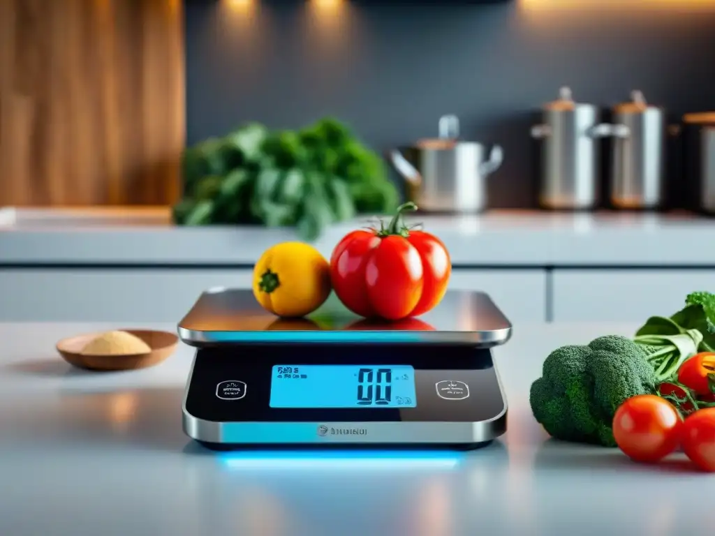 Gadgets de cocina innovadores: Balanza inteligente futurista en cocina moderna con pantalla digital y app de recetas