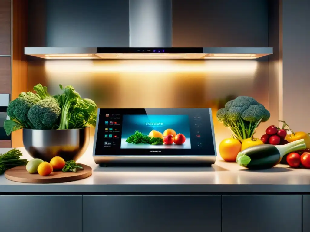 Gadgets de cocina innovadores en un entorno futurista y sofisticado con ingredientes frescos y tecnología de vanguardia