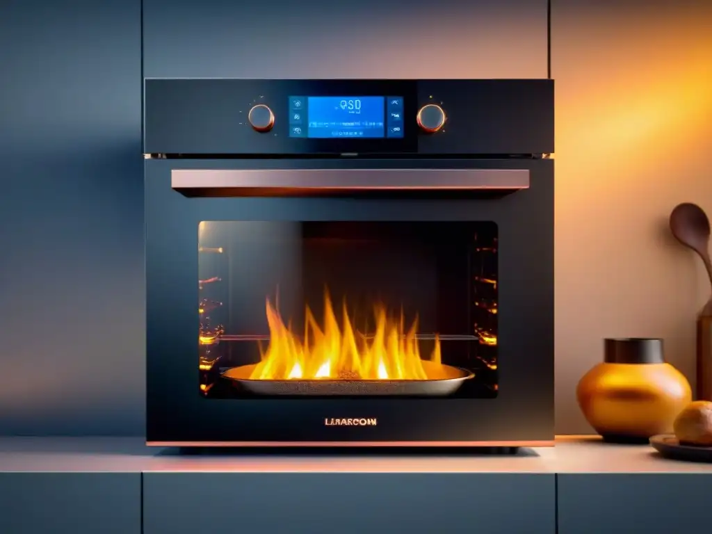 Gadgets de cocina innovadores: Horno inteligente futurista con panel multifuncional y tecnología avanzada iluminada