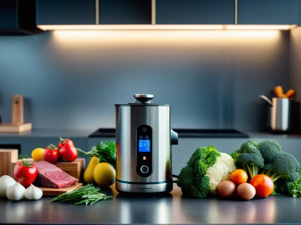 Gadgets de cocina innovadores: Maestro del Sous Vide rodeado de ingredientes frescos en un elegante entorno culinario